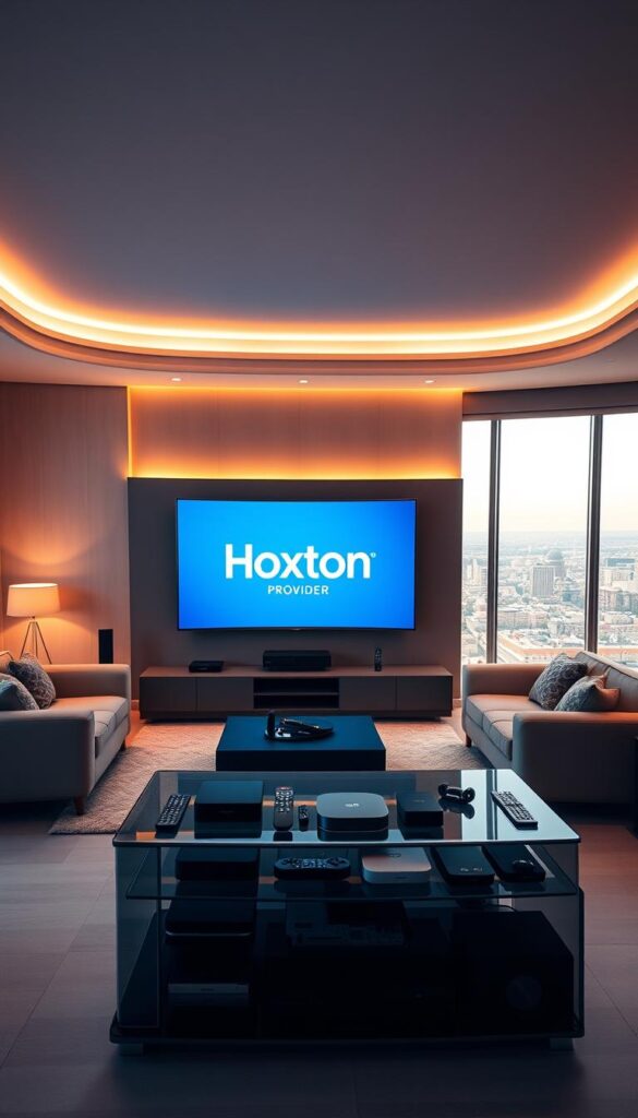 A sleek, modern living room with a large, curved television screen displaying the Hoxtoon Provider logo. The room is bathed in warm, soft lighting, creating a cozy and inviting atmosphere. In the foreground, a high-end media center unit houses various streaming devices, remotes, and other entertainment accessories, conveying the multi-device support capabilities of the Hoxtoon IPTV service. The middle ground features a comfortable sofa and armchairs, suggesting a family-friendly setup. The background showcases a large window overlooking a picturesque cityscape, hinting at the wide range of content and channels available through the Hoxtoon IPTV service.