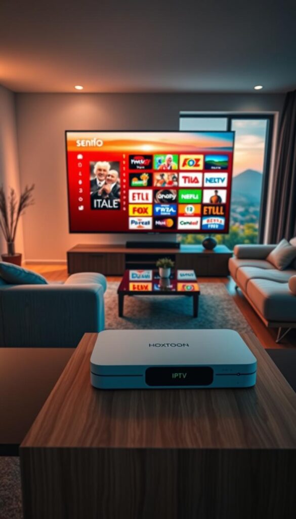 A sleek, modern living room with a large flat-screen TV displaying a vibrant selection of IPTV channels from Italy. The room is bathed in warm, ambient lighting, creating a cozy and inviting atmosphere. In the foreground, a Hoxtoon Provider device sits prominently on a minimalist, wooden entertainment center, symbolizing the ease of accessing Italian content through IPTV. The middle ground features a plush, Italian-inspired sofa and a stylish coffee table, while the background showcases a scenic Italian landscape visible through large, floor-to-ceiling windows. The overall scene conveys the comfort and convenience of enjoying Italian television programming from the comfort of one's own home.