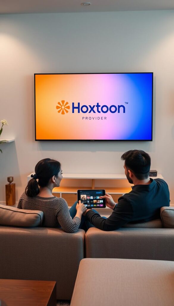 A sleek, modern living room with a large flat-screen TV displaying the Hoxtoon Provider logo. A young couple sitting on a comfortable couch, engaged with the IPTV interface on a tablet. Warm, diffused lighting creates a cozy atmosphere. The room is tastefully decorated with minimalist furnishings and subtle accent pieces, conveying a sense of premium quality and user-friendly design. The couple's expressions reflect satisfaction and ease of use, hinting at a positive customer experience with the Hoxtoon IPTV service.