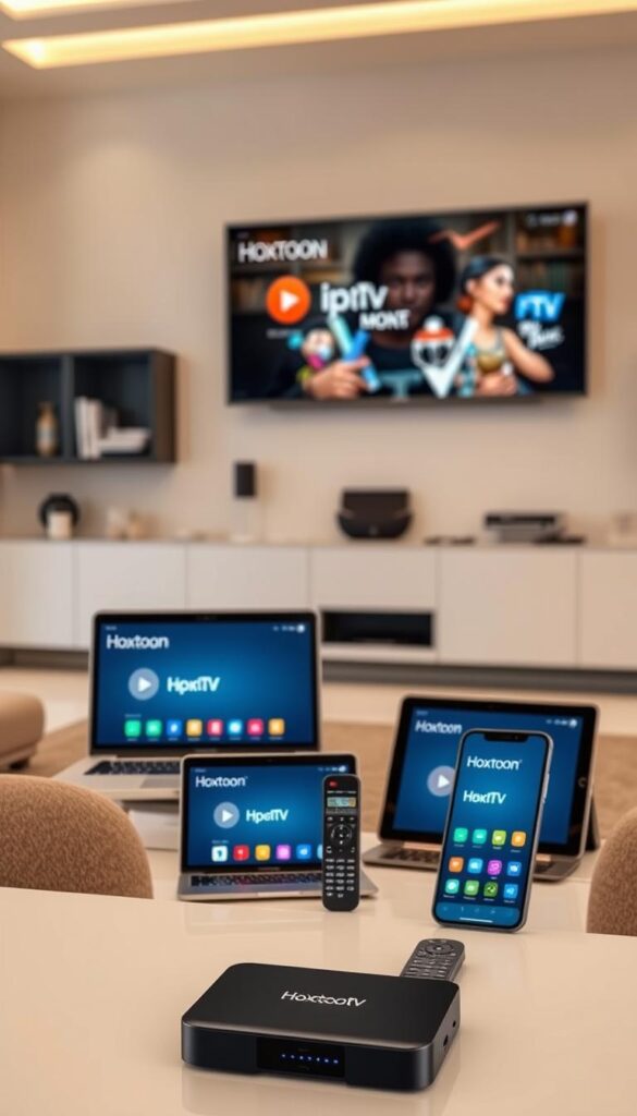 A sleek, modern living room with a large, flat-screen TV mounted on the wall. In the foreground, a Hoxtoon IPTV set-top box and remote control are prominently displayed, showcasing the setup process. In the middle ground, a laptop, tablet, and smartphone are arranged, each displaying the Hoxtoon IPTV service interface, highlighting the versatility of the platform. The background features a stylish bookshelf and minimalist decor, creating a sophisticated and tech-savvy atmosphere. Soft, warm lighting illuminates the scene, emphasizing the ease and convenience of the Hoxtoon IPTV setup across multiple devices.