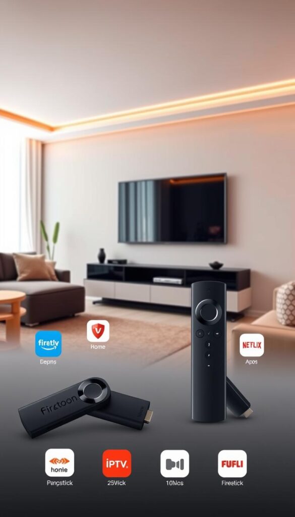 A sleek, modern living room with a large, flat-screen TV mounted on the wall. In the foreground, a Firestick device is prominently displayed, surrounded by various IPTV app icons, including the Hoxtoon Provider app. The room is bathed in a warm, diffused lighting, creating a cozy and inviting atmosphere. The overall scene conveys the ease and convenience of accessing a wide range of IPTV content on a Firestick device, with the Hoxtoon Provider app as a central component.