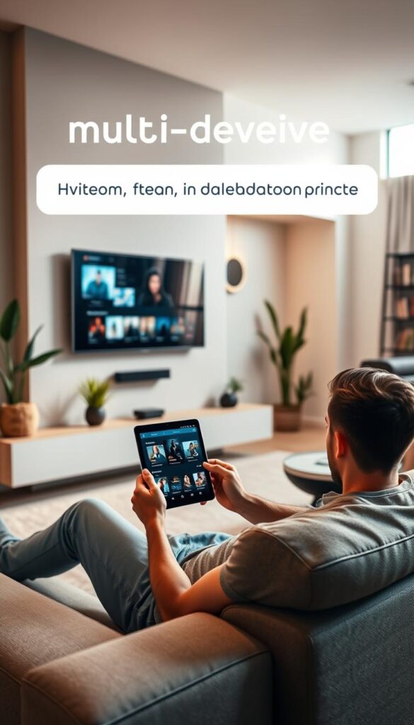 A sleek, modern living room with a large, flat-screen TV mounted on the wall. In the foreground, a person comfortably lounging on a plush sofa, holding a tablet and using the Hoxtoon Provider app to stream content. The room is bathed in warm, diffused lighting, creating a cozy, inviting atmosphere. The background features a minimalist, contemporary decor with potted plants and a stylish bookshelf. The image conveys the ease and convenience of multi-device streaming with Hoxtoon Provider.