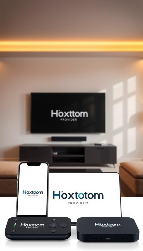 A sleek, modern living room with a large flat-screen TV mounted on the wall. In the foreground, a variety of devices are arranged neatly - a smartphone, tablet, and remote control, all showcasing the Hoxtoon Provider logo. The room is bathed in warm, soft lighting, creating a cozy, inviting atmosphere. The devices are strategically positioned to illustrate the multi-device compatibility of the IPTV service, allowing the viewer to envision seamless, cross-platform entertainment. The overall scene conveys a sense of convenience, flexibility, and the ability to watch content on the device of your choice.