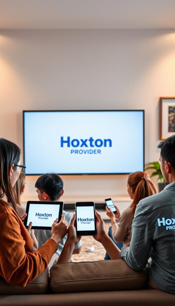A sleek, modern living room with a large flat-screen TV mounted on the wall. In the foreground, a group of people of diverse ages and backgrounds are gathered around the TV, each holding a different device - a tablet, a smartphone, and a laptop. The devices' screens display the Hoxtoon Provider logo, signifying the multi-device compatibility of the IPTV service. Soft, warm lighting illuminates the scene, creating a cozy and inviting atmosphere. The background features a stylish, minimalist decor, with a few potted plants and framed artwork adding a touch of sophistication. The overall composition conveys the idea of a seamless, hassle-free IPTV experience across multiple devices.
