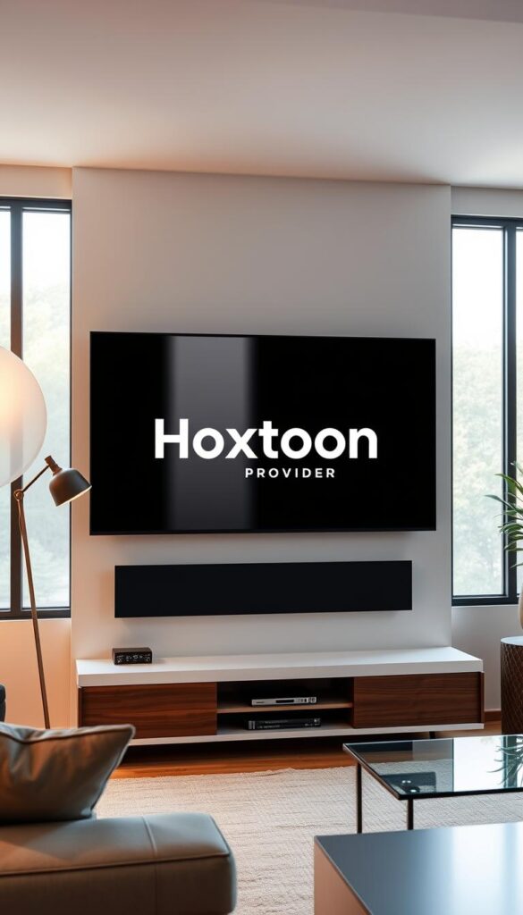 A sleek, modern living room with a large flat-screen TV mounted on the wall. On the TV screen, the Hoxtoon Provider logo is prominently displayed, indicating it as the best IPTV service. The room is well-lit, with soft, warm lighting from a stylish floor lamp and natural sunlight streaming in through large windows. The overall atmosphere is cozy and inviting, creating a sense of comfort and reliability for the viewer. The room is decorated with minimal, high-quality furnishings, conveying a sense of sophistication and attention to detail. The focus is on the Hoxtoon Provider logo, making it the central and most visually striking element of the image.
