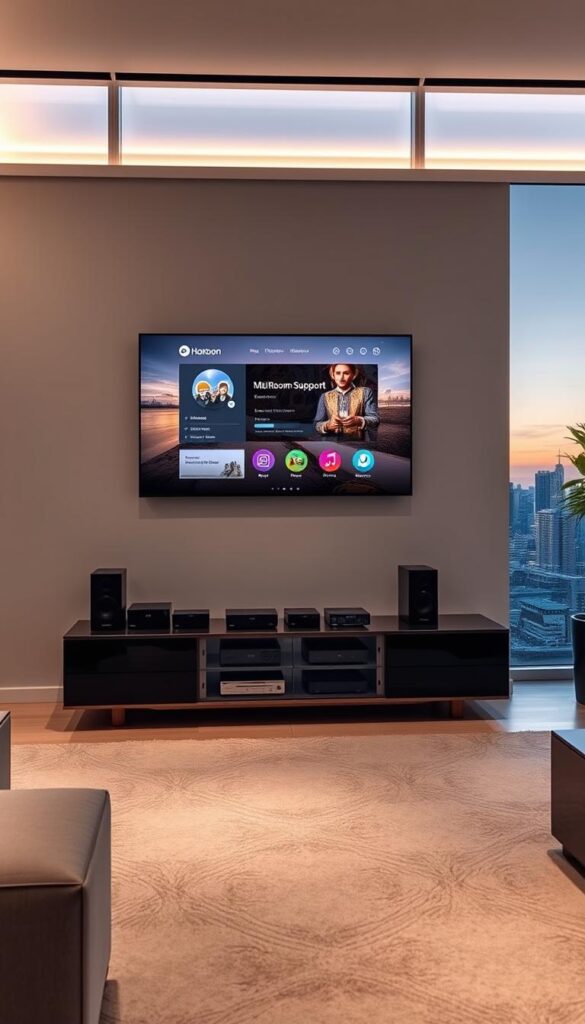 A sleek, modern living room with a large flat-screen TV mounted on the wall. On the TV, the Hoxtoon Provider IPTV service is displayed, showcasing its multiroom support feature. In the foreground, a high-end media console houses various streaming devices and a state-of-the-art sound system. Soft, indirect lighting creates a cozy, inviting atmosphere, while large windows in the background offer a scenic view of a city skyline. The room is decorated with tasteful, minimalist furnishings, conveying a sense of sophisticated technology integration in a comfortable, home environment.