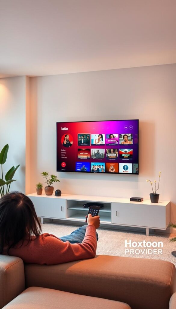 A sleek, modern living room with a large, flat-screen TV mounted on the wall. The TV is displaying a vibrant, colorful interface showcasing a variety of Latino TV shows and movies, curated by the "Hoxtoon Provider" streaming service. In the foreground, a person is comfortably lounging on a plush, minimalist sofa, remote in hand, immersed in the content. Soft, indirect lighting creates a warm, inviting atmosphere, while the room is accented with plants and modern, minimalist decor, conveying a sense of relaxation and entertainment.