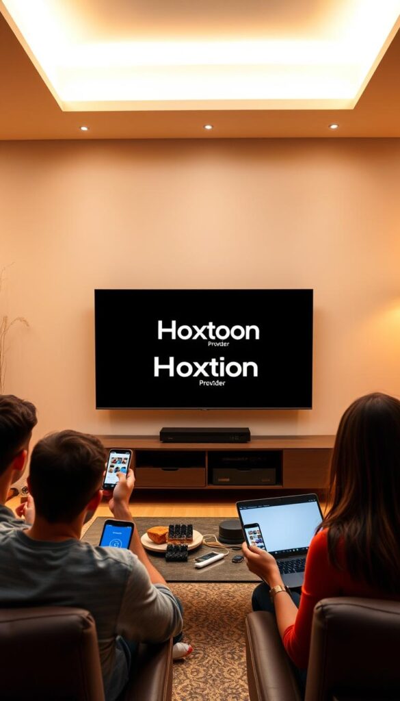 A sleek, modern living room with a large flat-screen TV prominently displayed. In the foreground, a group of people are gathered around the TV, each using a different device - a smartphone, a tablet, and a laptop. The room is bathed in warm, ambient lighting, creating a cozy and inviting atmosphere. In the background, a minimalist entertainment center showcases the "Hoxtoon Provider" logo, indicating the IPTV service's multi-device support. The scene conveys the seamless integration of technology and entertainment, highlighting the flexibility and convenience of the Hoxtoon IPTV platform.