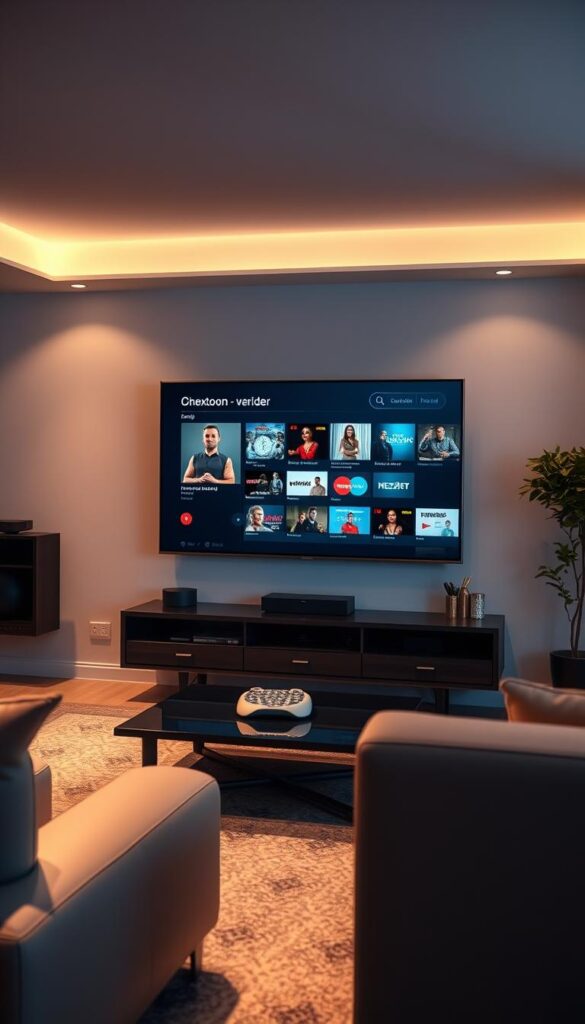 A sleek, modern living room with a large flat-screen TV prominently displayed. On the TV screen, a user interface for a "Hoxtoon Provider" IPTV catch-up service is visible, showcasing a selection of on-demand shows and movies. The room is bathed in a warm, ambient lighting, creating a cozy and inviting atmosphere. The furniture is stylish and minimalist, complementing the clean, contemporary design of the TV and the IPTV interface. The overall scene conveys the convenience and accessibility of the IPTV catch-up service, allowing the viewer to easily revisit missed programs at their leisure.