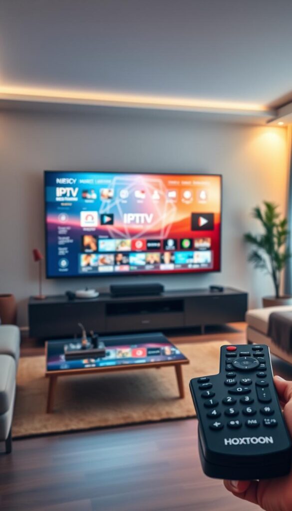 A sleek, modern living room with a large flat-screen TV prominently displayed. On the TV screen, a detailed visualization of IPTV technology, showcasing its key features like video-on-demand (VOD) libraries, live TV channels, and intuitive user interface. The room is bathed in warm, ambient lighting, creating a cozy and inviting atmosphere. In the foreground, a Hoxtoon Provider-branded remote control is visible, highlighting the seamless integration of IPTV technology into the home entertainment setup. The overall scene conveys the revolutionary impact of IPTV on modern home entertainment.