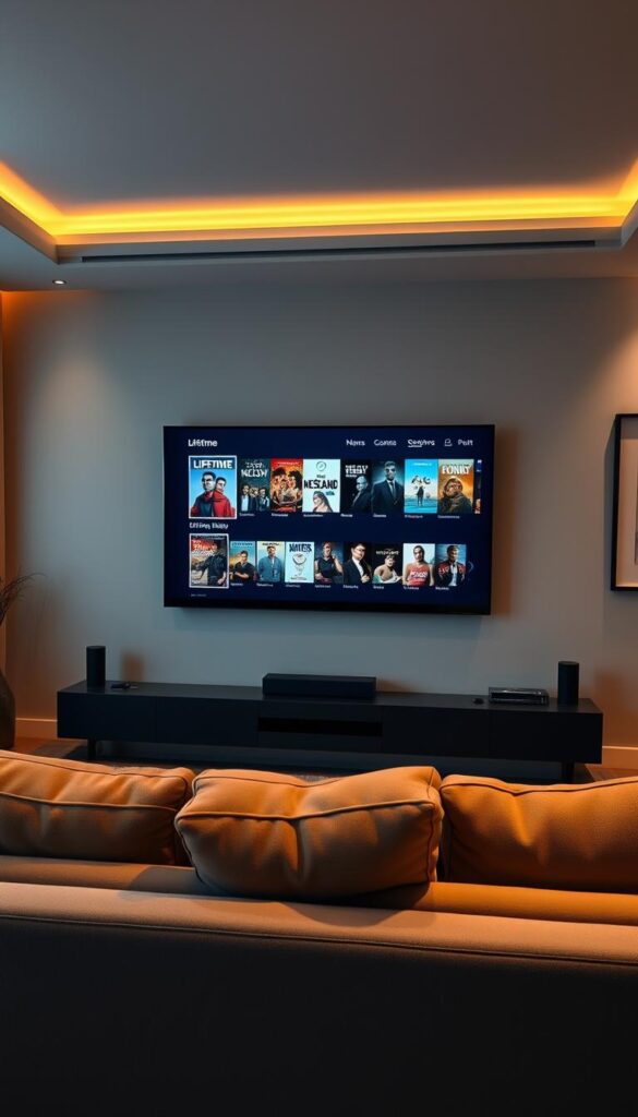 A sleek, modern living room with a large, flat-screen TV prominently displayed. The TV screen shows the Hoxtoon Provider IPTV interface, showcasing a wide selection of Lifetime movie titles. The room is bathed in warm, ambient lighting, creating a cozy and inviting atmosphere. The walls are decorated with minimalist art pieces, and a plush, comfortable-looking sofa is positioned in front of the TV. The overall scene conveys a sense of relaxation and enjoyment, perfect for a lifetime movie marathon.