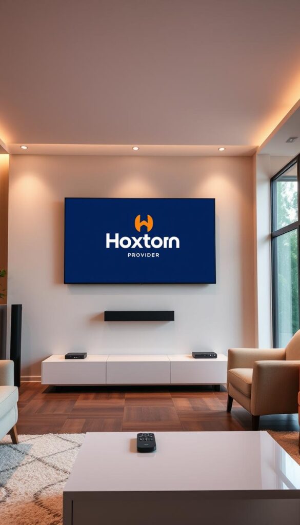 A sleek, modern living room with a large, flat-screen television mounted on the wall. On the screen, the Hoxtoon Provider logo is prominently displayed, signifying a high-quality IPTV service. The room is bathed in warm, soft lighting, creating a cozy and inviting atmosphere. In the foreground, a minimalist coffee table with a remote control and a smart device, hinting at the seamless integration of the IPTV service. The middle ground features a comfortable sofa and armchair, encouraging viewers to sit back and enjoy the entertainment. The background showcases large windows, allowing natural light to filter in and emphasize the technological advancements of the IPTV system.
