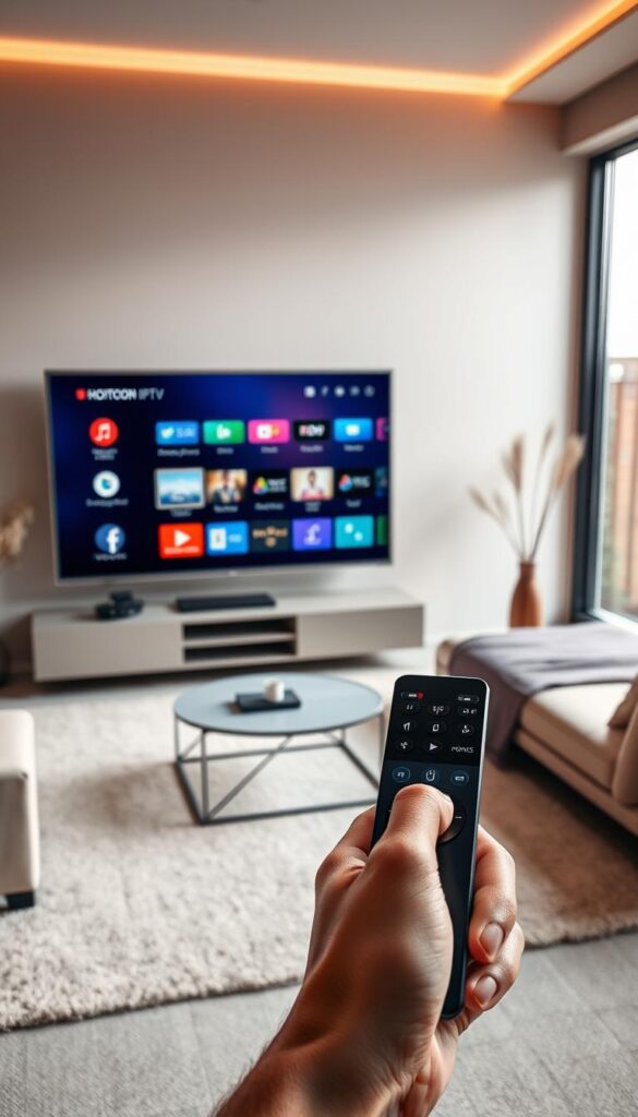 A sleek, modern living room with a large flatscreen TV displaying the Hoxtoon Provider IPTV interface. The room is bathed in soft, warm lighting, creating a cozy and inviting atmosphere. The TV is the focal point, surrounded by stylish furniture and minimalist decor. In the foreground, a hand holding a modern, touchscreen remote control, symbolizing the user's interaction with the IPTV technology. The middle ground features a clean, uncluttered coffee table, reflecting the seamless integration of IPTV into the home environment. The background showcases a large window, allowing natural light to filter in and highlighting the room's contemporary design.