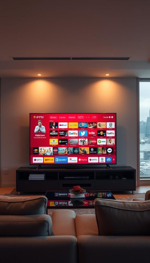A sleek, modern living room with a large flatscreen TV prominently displayed. On the TV screen, a vibrant, high-quality IPTV interface showcases the Hoxtoon Provider service, featuring a diverse selection of live channels and on-demand content. The room is bathed in warm, ambient lighting, creating a cozy and inviting atmosphere. In the foreground, a comfortable sofa and coffee table set the stage, while the background features tasteful decor and large windows overlooking a cityscape. The overall impression is one of a premium, seamless IPTV experience that integrates seamlessly into a stylish, high-end home environment.