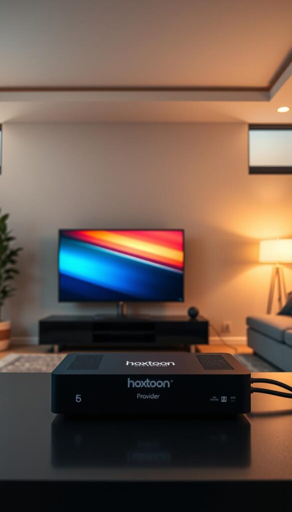 A sleek, modern living room with a large, high-definition TV screen displaying a crisp, uninterrupted IPTV feed. The room is bathed in warm, ambient lighting, creating a cozy and inviting atmosphere. In the foreground, a high-end streaming device prominently displays the "Hoxtoon Provider" logo, signifying reliable and seamless IPTV service. The middle ground features a minimalist, yet stylish entertainment center, housing the device and neatly organized cables. The background showcases large windows, allowing natural light to filter in, further enhancing the sense of clarity and tranquility. The overall scene conveys a harmonious and distraction-free environment, perfect for immersive IPTV viewing without any frustrating buffering issues.