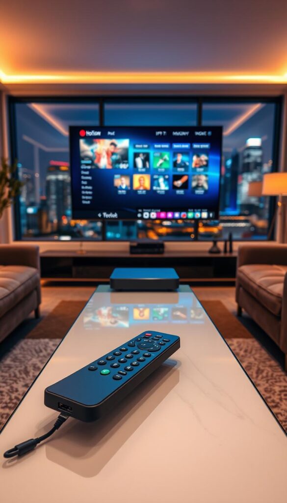 A sleek, modern living room with a large, high-definition TV screen displaying a vibrant, crystal-clear IPTV streaming interface. The room is bathed in warm, diffused lighting, creating a cozy and immersive atmosphere. In the foreground, a Hoxtoon Provider remote control rests on a minimalist, glass-topped coffee table, hinting at the seamless user experience. The middle ground features a state-of-the-art IPTV set-top box, neatly arranged with clean cable management. The background showcases a panoramic window, revealing a cityscape with skyscrapers and a vibrant, nighttime skyline, further emphasizing the high-quality, cinematic viewing experience.