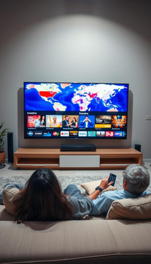 A sleek, modern living room with a large, high-definition television display showcasing vibrant, international IPTV content. In the foreground, a person lounging comfortably on a plush sofa, remote in hand, immersed in the captivating visuals. Subtle lighting creates a warm, inviting atmosphere, while the background features stylish, minimalist decor, hinting at the convenience and advanced features of the Hoxtoon Provider IPTV service.