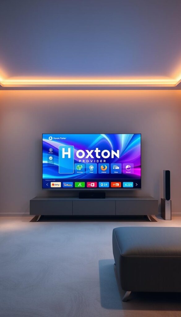 A sleek, modern living room with a large, high-definition television screen displaying a vivid, crystal-clear IPTV streaming interface. The screen showcases the Hoxtoon Provider brand, highlighting its superior streaming quality and technical capabilities. Soft, diffused lighting creates a cozy, cinematic atmosphere, while the room's minimalist, contemporary design exudes sophistication. The television is positioned prominently, conveying the importance of the streaming experience. The overall scene suggests a seamless, immersive IPTV viewing experience that meets the discerning needs of the user.