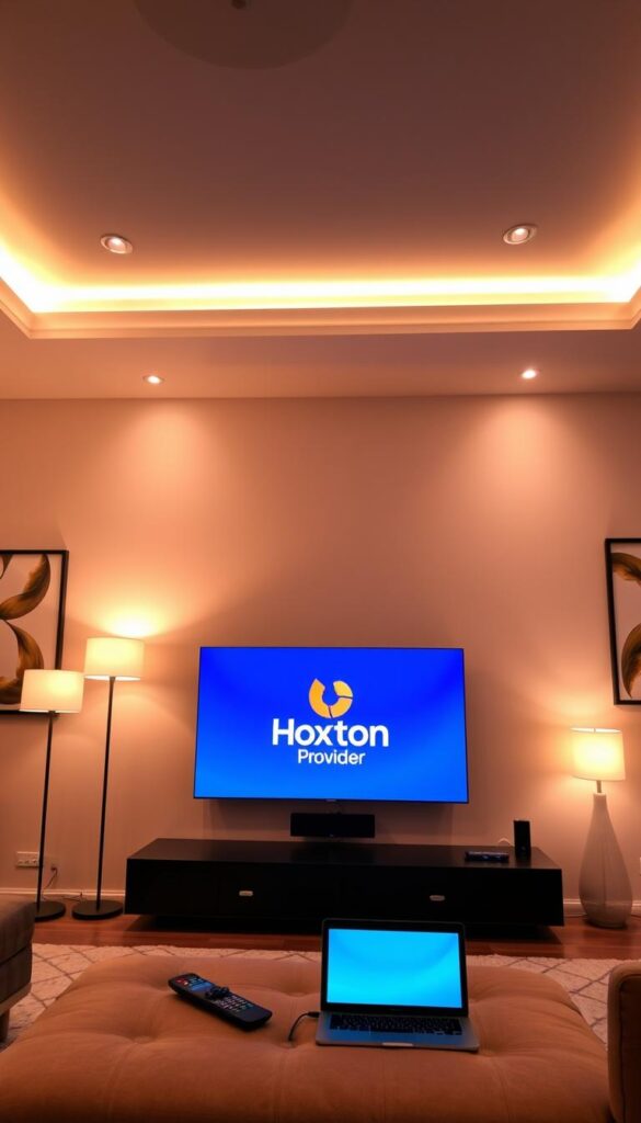 A sleek, modern living room with a large, high-definition television screen displaying the Hoxtoon Provider logo. The room is illuminated by warm, ambient lighting from floor lamps and recessed ceiling fixtures, creating a cozy and inviting atmosphere. On the coffee table in the foreground, a remote control and a laptop or tablet are visible, hinting at the user's ability to access a wide range of IPTV content worldwide with a lifetime subscription. The walls are adorned with minimalist, abstract artwork, complementing the contemporary design of the space. The overall scene conveys a sense of comfort, convenience, and the seamless integration of technology into everyday life.