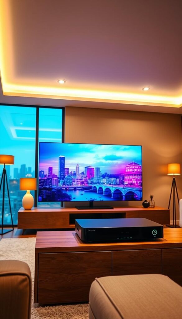 A sleek, modern living room with a large, high-definition television screen prominently displayed. The screen shows a seamless, crystal-clear IPTV stream with vibrant colors and lifelike detail. In the foreground, a high-end media center or streaming device, branded as "Hoxtoon Provider", sits atop a minimalist, wooden entertainment console. Indirect lighting from floor lamps and recessed ceiling fixtures creates a warm, inviting atmosphere. The room is decorated with tasteful, contemporary furnishings, suggesting a sophisticated, tech-savvy household. Through a large window in the background, a cityscape skyline is visible, hinting at the reliable, high-speed internet infrastructure supporting the IPTV service.