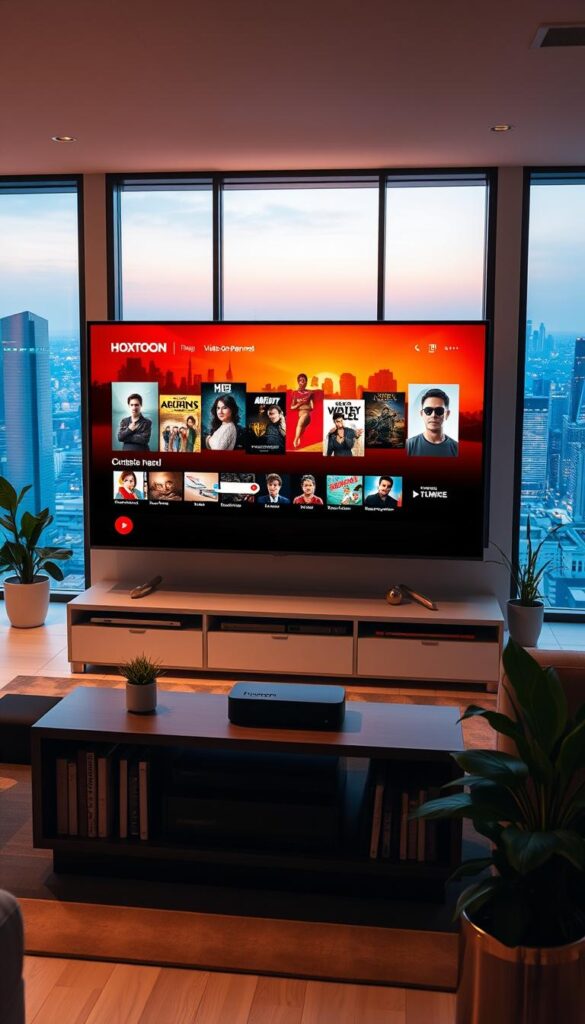 A sleek, modern living room with a large, state-of-the-art television screen displaying a vibrant, diverse collection of video-on-demand (VOD) content from the Hoxtoon Provider service. The room is bathed in warm, ambient lighting, creating a cozy and inviting atmosphere. In the foreground, a stylish, minimalist entertainment system houses the streaming device, while bookshelves and potted plants add depth and character to the scene. In the background, large windows offer a glimpse of a bustling city skyline, symbolizing the endless entertainment possibilities at the user's fingertips.
