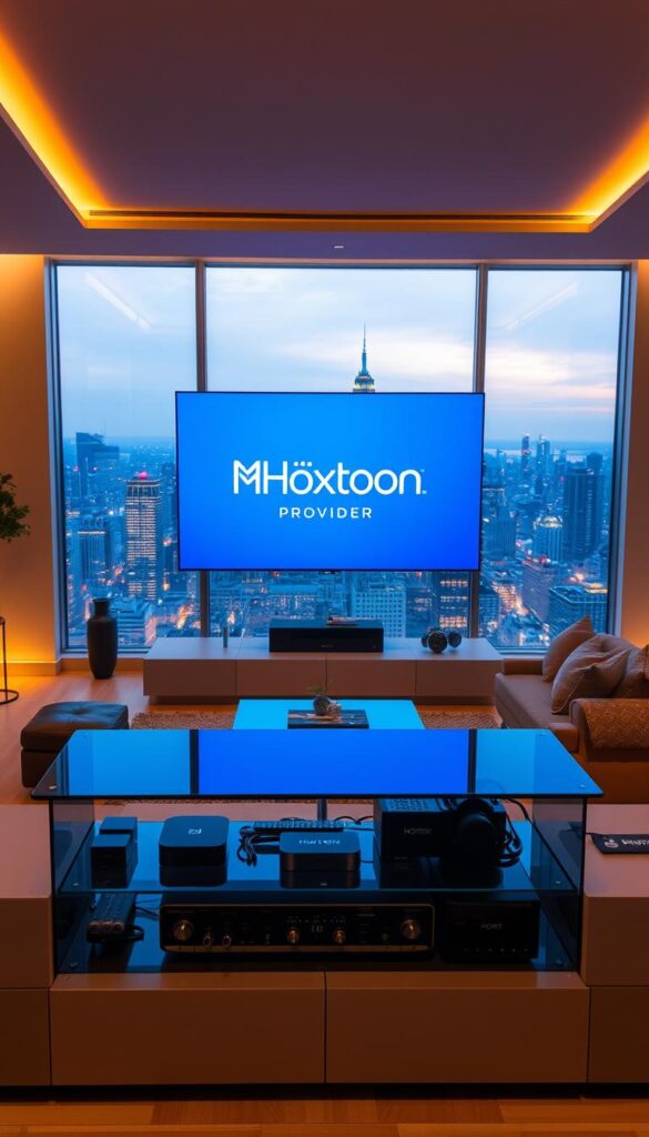 A sleek, modern living room with a large, state-of-the-art television screen displaying the Hoxtoon Provider logo. The room is bathed in warm, ambient lighting, creating a cozy and inviting atmosphere. In the foreground, a high-end media center houses various streaming devices and cables, hinting at the seamless integration of IPTV technology. The middle ground features a comfortable sofa and coffee table, encouraging a relaxed viewing experience. The background showcases large windows, offering a scenic view of a vibrant city skyline, symbolizing the global reach and accessibility of Hoxtoon's IPTV service.