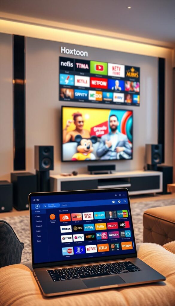 A sleek, modern living room with a large, wall-mounted TV displaying a variety of IPTV channels. The TV is surrounded by high-end audio equipment and a cozy, well-appointed seating area. In the foreground, a laptop or tablet displays the Hoxtoon Provider interface, showcasing the wide range of international channels available to expats. Soft, warm lighting creates a welcoming atmosphere, and the overall scene conveys a sense of comfort and connectivity for those living abroad.