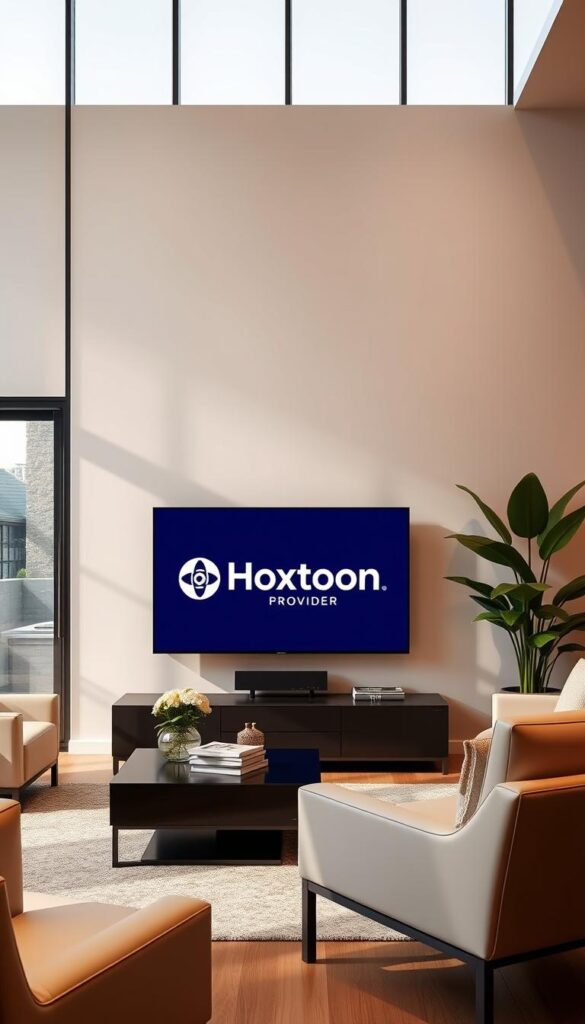 A sleek, modern living room with large windows letting in natural light. In the center, a smart TV display shows the Hoxtoon Provider logo, prominently showcasing the lifetime IPTV service. Tasteful, minimalist furniture surrounds the TV, creating a cozy and inviting atmosphere. The room has warm, neutral tones and subtle accent lighting, exuding a sense of comfort and reliability. In the background, a lush, green plant adds a touch of nature, complementing the clean, sophisticated design. The overall impression conveys the reliability, convenience, and longevity of the Hoxtoon Provider lifetime IPTV service.