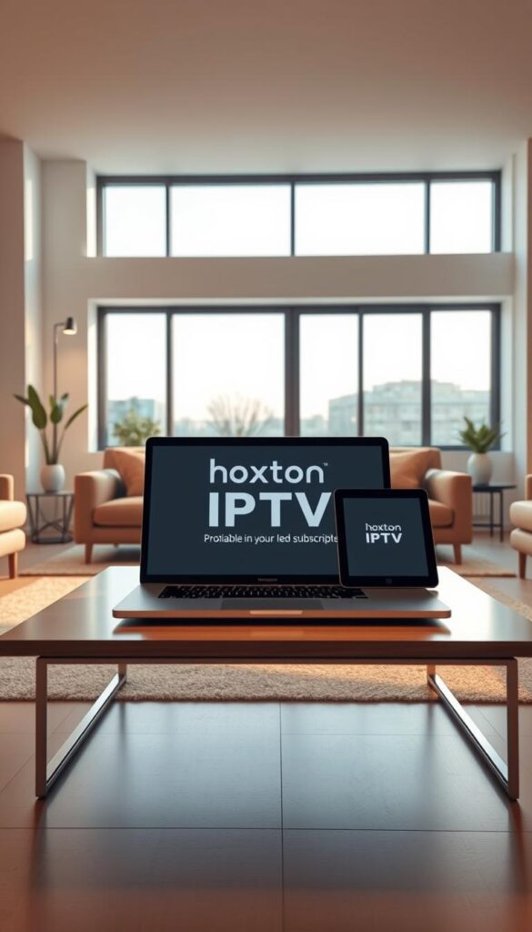 A sleek, modern living room with large windows, soft lighting, and a minimalist, sophisticated decor. In the center, a stylish coffee table displays a laptop and a tablet, showcasing the Hoxtoon Provider IPTV subscription deal. The scene conveys a sense of comfort, productivity, and the value of a reliable, lifetime IPTV service. The room is bathed in warm, natural light, creating a cozy and inviting atmosphere. The overall composition suggests the benefits of a hassle-free, high-quality IPTV experience that can be seamlessly integrated into one's daily life.