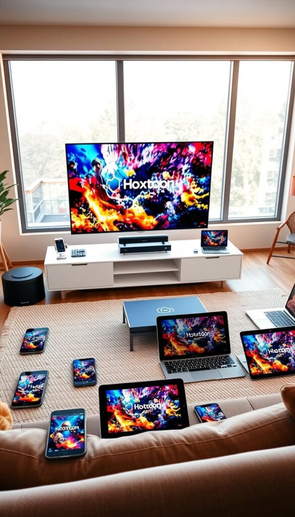 A sleek, modern living room with multiple devices seamlessly connected, showcasing the Hoxtoon Provider's multi-device streaming capabilities. In the foreground, a large, high-definition smart TV displays vivid, immersive content. Surrounding it, an array of smartphones, tablets, and laptops, all linked and mirroring the TV's output. The middle ground features a minimalist, yet stylish entertainment system, with the Hoxtoon Provider's logo prominently displayed. The background depicts a cozy, well-lit space, with large windows allowing natural light to flood the room, creating a warm, inviting atmosphere. The scene conveys a sense of technological integration, seamless connectivity, and the versatility of the Hoxtoon Provider's streaming services.