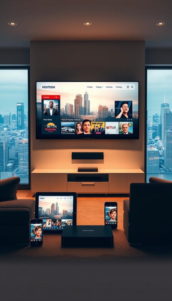 A sleek, modern living room with multiple devices showcasing the Hoxtoon Provider IPTV service. In the foreground, a large flatscreen TV is mounted on the wall, displaying various streaming content. Surrounding the TV are a tablet, a smartphone, and a laptop, all connected and synchronizing the Hoxtoon interface across devices. The room is bathed in warm, diffused lighting, creating a cozy, inviting atmosphere. The middle ground features a stylish, minimalist entertainment unit housing the IPTV hardware. In the background, large windows offer a view of a vibrant city skyline, emphasizing the versatility and accessibility of the Hoxtoon IPTV experience.