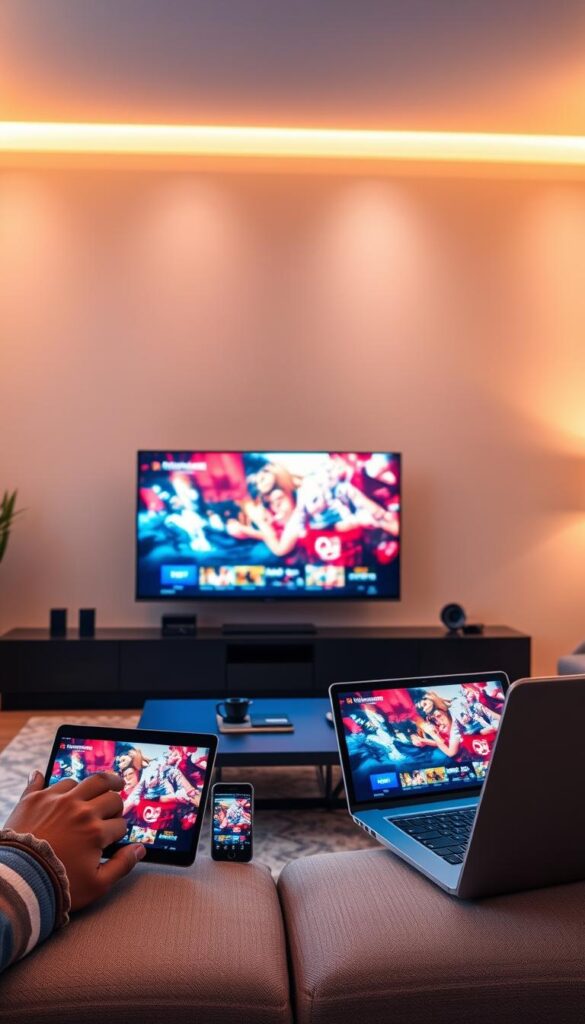 A sleek, modern living room with multiple devices showcasing the Hoxtoon Provider streaming service. In the foreground, a large flat-screen TV displays vibrant, high-definition content. Surrounding it, an array of devices including a tablet, smartphone, and laptop are all connected and streaming the same media seamlessly. The room is bathed in warm, ambient lighting, creating a cozy and inviting atmosphere. The layout suggests a sophisticated, multi-device streaming setup, highlighting the versatility and convenience of the Hoxtoon Provider platform. The scene conveys a sense of technological integration and the ability to enjoy content across a variety of devices simultaneously.