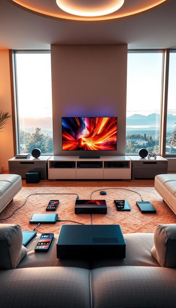 A sleek, modern living room with multiple electronic devices connected to a central IPTV hub. In the foreground, a large flat-screen TV displays vibrant, high-definition content. Surrounding it, various smart devices like tablets, smartphones, and game consoles are seamlessly integrated, showcasing the multi-device support of the Hoxtoon Provider IPTV service. The room is bathed in warm, soft lighting, creating a cozy and inviting atmosphere. The middle ground features a stylish, minimalist entertainment center housing the IPTV equipment, blending harmoniously with the overall interior design. In the background, large windows offer a glimpse of a picturesque outdoor scene, complementing the modern, tech-savvy ambiance.