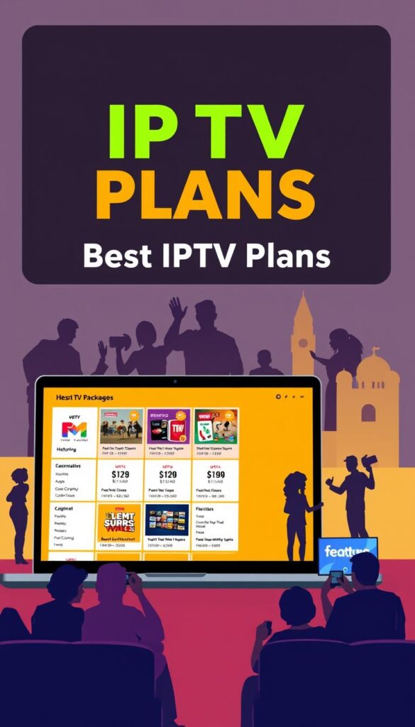 A sleek, modern-looking illustration showcasing the "Best IPTV Plans" offered by the Hoxtoon Provider. In the foreground, prominently display a laptop or tablet device displaying a selection of IPTV packages, each with clear pricing and feature details. In the middle ground, include silhouettes of satisfied customers enjoying a variety of content on their devices, conveying the reliability and versatility of Hoxtoon's IPTV services. In the background, incorporate subtle visual cues that evoke the United States, such as the American flag or iconic landmarks, to highlight Hoxtoon's position as the best IPTV provider in the USA. Use a vibrant, eye-catching color palette and a sleek, modern design aesthetic to create an image that is both informative and visually appealing.