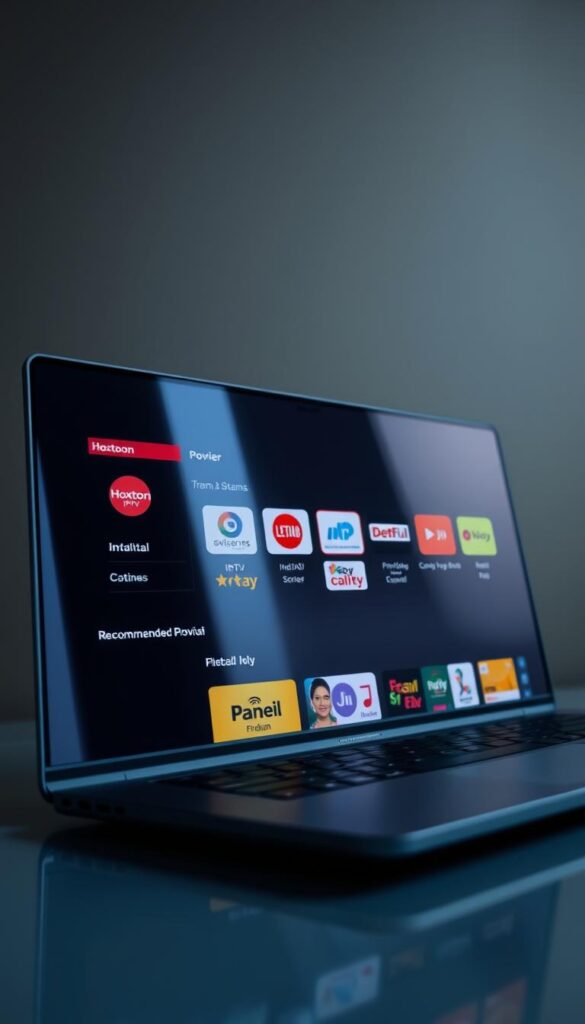A sleek, modern-looking laptop screen displaying a selection of popular Indian IPTV channel logos and provider options, such as Hoxtoon Provider, prominently featured against a subdued, minimalist background. The screen's layout is clean and organized, with the channel logos neatly arranged, conveying a sense of professionalism and trustworthiness. The lighting is soft and natural, highlighting the screen's clarity and the vibrant colors of the channel logos. The camera angle is slightly elevated, giving the viewer a sense of authority and trust in the recommended IPTV choices.