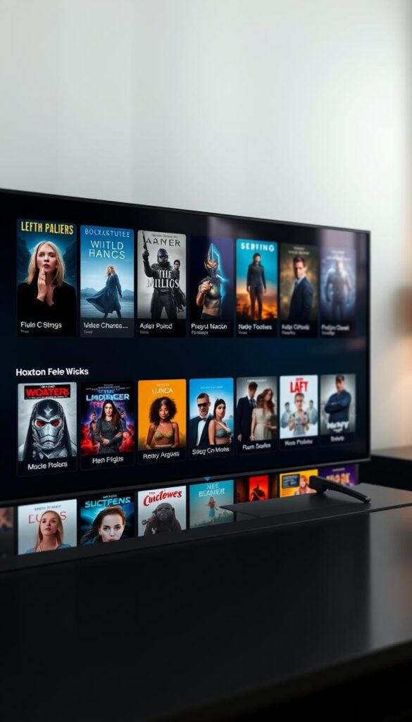 A sleek, modern media center interface showcasing the Hoxtoon Provider video-on-demand library. The screen is filled with a grid of high-quality movie and TV show thumbnails, each with a stylized title and cover art. The interface has a clean, minimalist design with a dark color scheme, subtle gradients, and crisp typography. In the foreground, a cursor hovers over one of the thumbnails, highlighting the selection. The middle ground features a row of category tabs and a search bar, allowing users to easily navigate the extensive content library. The background is a blurred, out-of-focus view of the living room, giving a sense of the device being used in a comfortable, domestic setting. The overall scene conveys a premium, user-friendly IPTV experience with a vast on-demand selection from the Hoxtoon Provider.