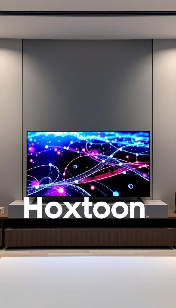 A sleek, modern media center with a high-definition display showcasing vibrant, crystal-clear streaming quality. In the foreground, a Hoxtoon Provider logo prominently featured, conveying the premium IPTV service. The middle ground depicts a stylized visualization of network connectivity, with data streams and signal waves pulsing across the screen. In the background, a subtle gradient of cool blues and grays, creating a professional, technologically-advanced atmosphere. Subtle ambient lighting from above casts a soft, even illumination, highlighting the display's sharpness and vivid color accuracy. The overall scene exudes a sense of reliable, high-performance IPTV streaming.