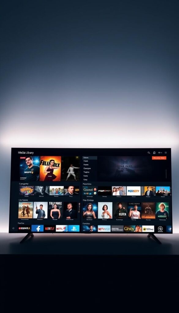 A sleek, modern media library interface showcasing a vast collection of IPTV content from the Hoxtoon Provider. In the foreground, a large, high-resolution display presents a curated selection of popular movies, TV shows, and live channels. The middle ground features a clean, intuitive navigation menu with categories and search functionality. In the background, a subtle, sophisticated gradient sets the tone, with subtle lighting and depth of field creating a sense of depth and professionalism. The overall aesthetic conveys a premium, reliable IPTV service that caters to discerning users.