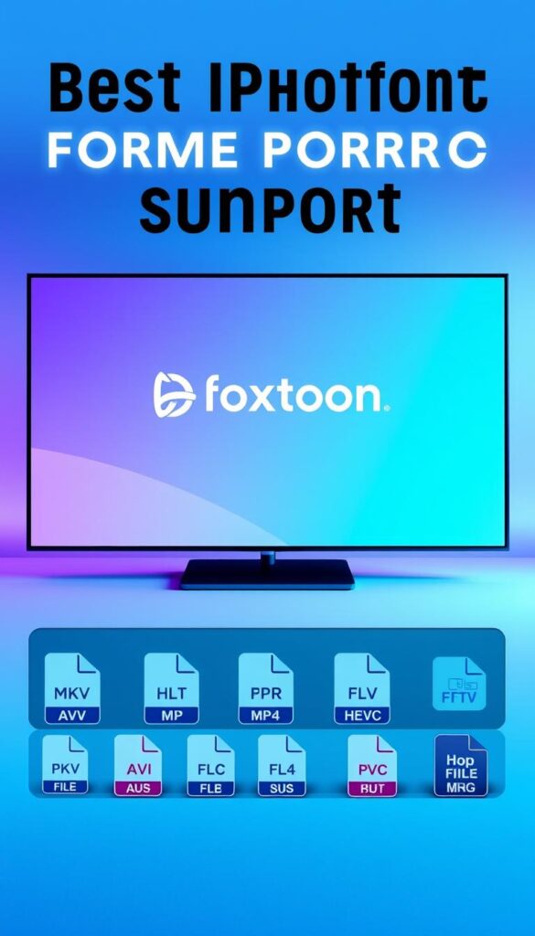 A sleek, modern media player interface showcasing the extensive format support capabilities of the Hoxtoon Provider IPTV service. In the foreground, a series of digital video file icons representing a wide range of multimedia formats, including MKV, AVI, MP4, FLV, and HEVC. The middle ground features the Hoxtoon Provider logo prominently displayed, conveying the brand's commitment to delivering a seamless IPTV experience. The background is a minimalist, gradient-based design in shades of blue and purple, evoking a sense of technological sophistication. Soft, diffused lighting illuminates the scene, creating a clean, professional atmosphere. The overall composition emphasizes the comprehensive format support capabilities of the Hoxtoon Provider IPTV platform, aligning with the article's focus on providing the best IPTV player for a seamless viewing experience.
