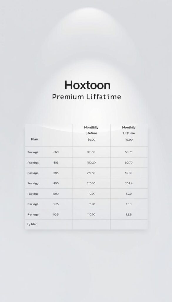 A sleek, modern, minimalist table showcasing the premium lifetime pricing options for the Hoxtoon IPTV provider. The table is displayed on a clean, white background, with subtle grid lines to organize the information. The pricing tiers are presented in a clear, easy-to-read format, with distinct columns for plan duration, monthly cost, and total lifetime cost. The Hoxtoon logo is prominently displayed at the top of the table, lending an air of professionalism and authority. Subtle lighting from the top creates a sense of depth and dimension, while the overall tone is one of simplicity, clarity, and high-quality service.