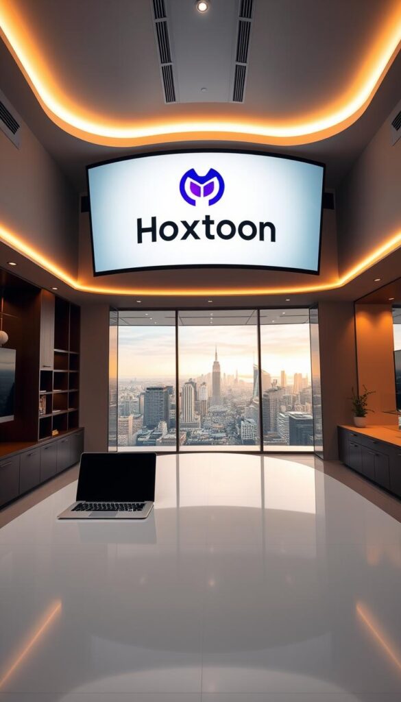 A sleek, modern office interior with a large, curved display showcasing the Hoxtoon Provider logo and branding. The room is bathed in warm, directional lighting, creating a professional and inviting atmosphere. In the foreground, a stylish, minimalist desk with a high-end laptop and tablet, hinting at the advanced technology and user experience of the Hoxtoon IPTV service. The middle ground features neatly organized shelves and cabinets, conveying a sense of efficiency and organization. In the background, floor-to-ceiling windows offer a panoramic view of a vibrant city skyline, symbolizing the global reach and market leadership of the Hoxtoon Provider.
