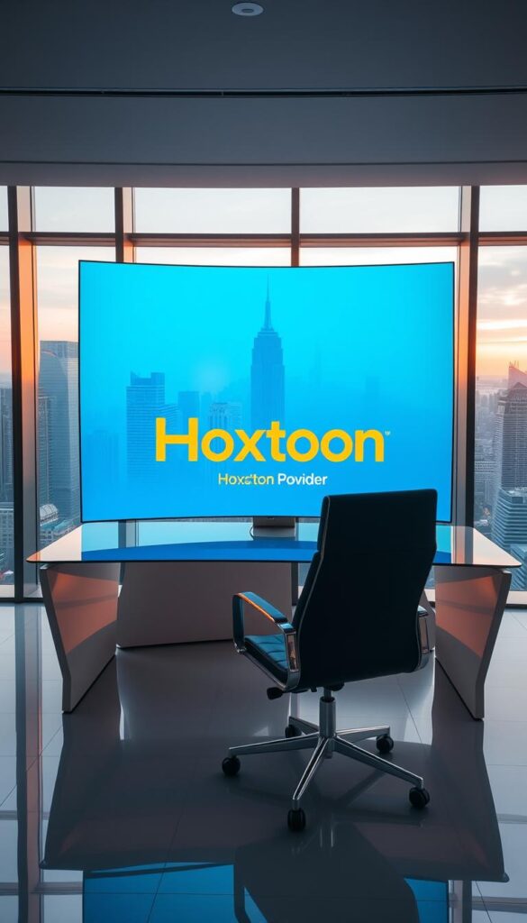 A sleek, modern office interior with a large, curved-screen display showcasing the Hoxtoon Provider logo and branding. The display is situated on a minimalist, glass-topped desk, with a high-end executive chair in the foreground. The background features floor-to-ceiling windows overlooking a bustling city skyline, bathed in warm, golden-hour lighting. The overall atmosphere conveys a sense of professionalism, innovation, and market leadership associated with the Hoxtoon Provider brand.