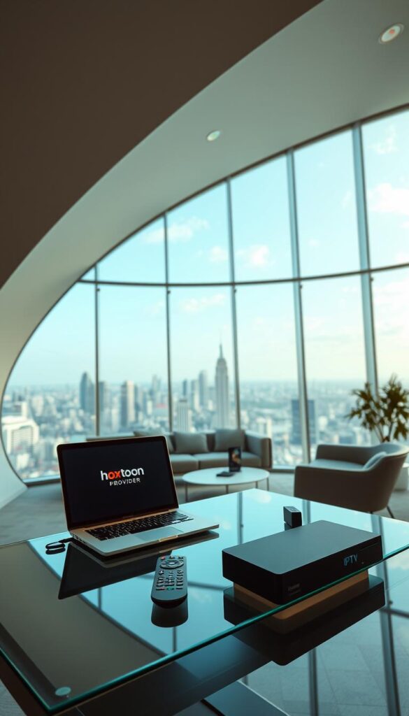 A sleek, modern office interior with a large, curved window overlooking a bustling cityscape. In the foreground, a glass-topped desk displays a laptop, remote control, and other IPTV-related devices from the Hoxtoon Provider brand. Soft, directional lighting illuminates the scene, creating a professional and elegant atmosphere. The middle ground features a stylish, minimalist couch and armchair, while the background showcases the vibrant urban landscape outside, hinting at the global reach and content of the IPTV service.