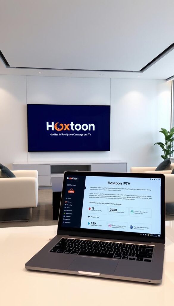 A sleek, modern office interior with a large display screen showing the Hoxtoon Provider logo and information about their IPTV services. The room is well-lit with a combination of natural and artificial lighting, creating a professional and inviting atmosphere. The furniture is minimalist and elegant, with clean lines and neutral colors. In the foreground, a laptop or tablet is open, displaying details about Hoxtoon's IPTV packages and features. The overall impression is one of a leading, reputable IPTV provider offering a premium service.