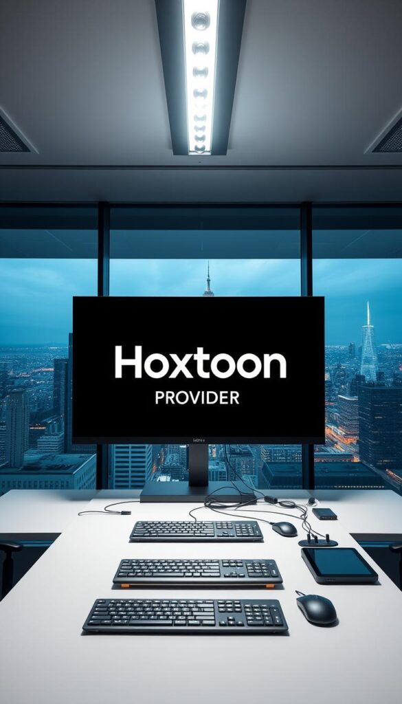 A sleek, modern office interior with a large display screen showing the Hoxtoon Provider logo. The screen is surrounded by a minimalist, high-tech desk setup with a keyboard, mouse, and various cable connections. Bright, directional lighting from above and a slightly hazy, atmospheric feel create a professional, cutting-edge ambiance. The background features a large window overlooking a bustling city skyline, emphasizing the global reach and technological prowess of the Hoxtoon IPTV service. The overall scene conveys a sense of reliable, sophisticated, and innovative IPTV solutions for the USA market.