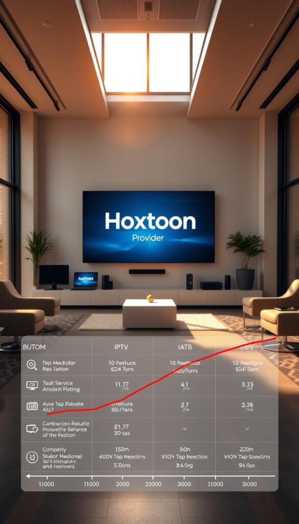 A sleek, modern office interior with a large display showcasing the Hoxtoon Provider brand, surrounded by various device mockups and infographic elements. The room is bathed in warm, natural lighting from large windows, creating a professional and inviting atmosphere. In the foreground, a stylized graph or chart compares the key features and performance metrics of Hoxtoon against its top competitors, highlighting its strengths and advantages. The overall composition conveys a sense of authority, reliability, and technological innovation in the IPTV service industry.