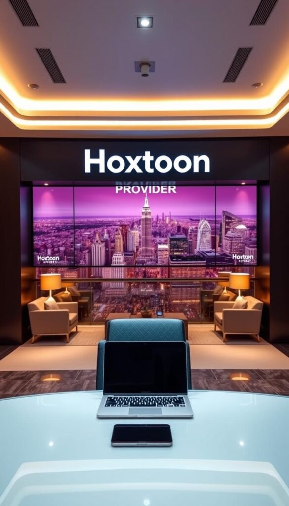 A sleek, modern office interior with a large display showcasing the Hoxtoon Provider brand and logo. The room is bathed in warm, soft lighting, creating a professional and inviting atmosphere. In the foreground, a stylish executive desk with a laptop and tablet, hinting at the technological prowess of the Hoxtoon service. The middle ground features comfortable seating areas, where customers can consult with Hoxtoon representatives. The background depicts a panoramic view of a bustling city skyline, symbolizing the global reach and connectivity of the Hoxtoon Arabic IPTV provider. The overall impression conveys trust, reliability, and a commitment to delivering the best in Arabic entertainment content.
