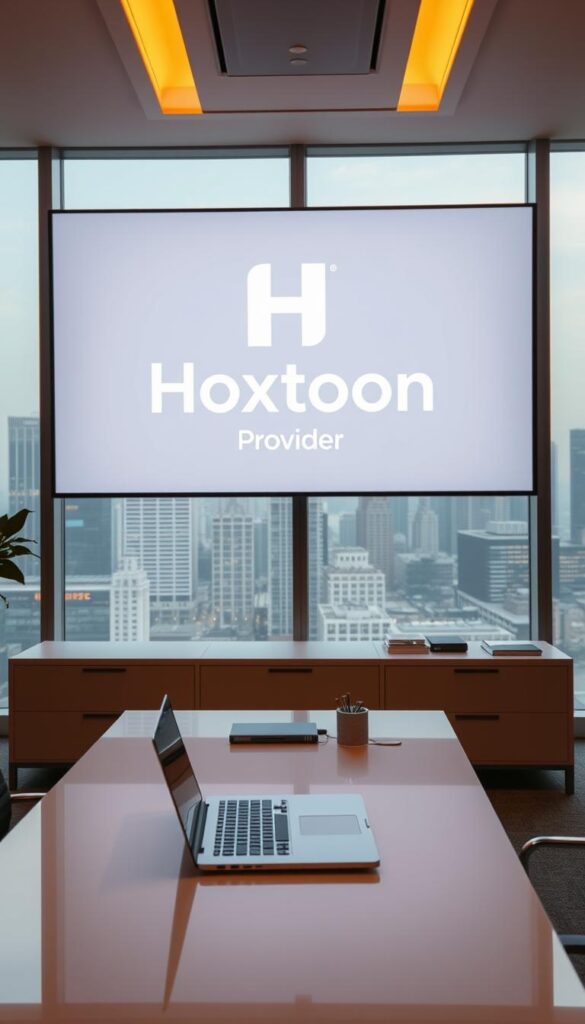 A sleek, modern office interior with a large display showcasing the Hoxtoon Provider logo. The room is bathed in warm, directional lighting, creating a professional and inviting atmosphere. On the desk, there is a laptop and some neatly arranged office supplies, suggesting a productive workspace. In the background, there are floor-to-ceiling windows overlooking a bustling city skyline, hinting at the global reach and scale of the Hoxtoon IPTV service. The overall composition conveys a sense of authority, innovation, and a commitment to delivering the best IPTV experience to customers.