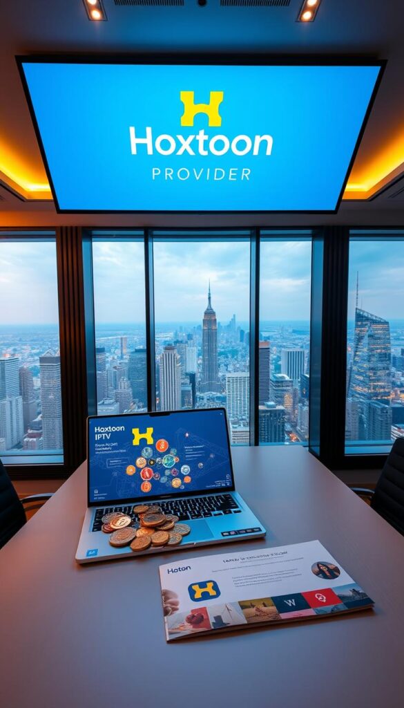 A sleek, modern office interior with a large display showcasing the Hoxtoon Provider logo. The room is bathed in a warm, inviting lighting, with floor-to-ceiling windows offering a panoramic view of a bustling city skyline. In the foreground, a stylish, minimalist desk features a state-of-the-art laptop and a variety of cryptocurrencies displayed on the screen. On the desk, a well-designed brochure highlights Hoxtoon's secure, crypto-friendly IPTV services. The overall atmosphere conveys a sense of professionalism, innovation, and technological prowess.