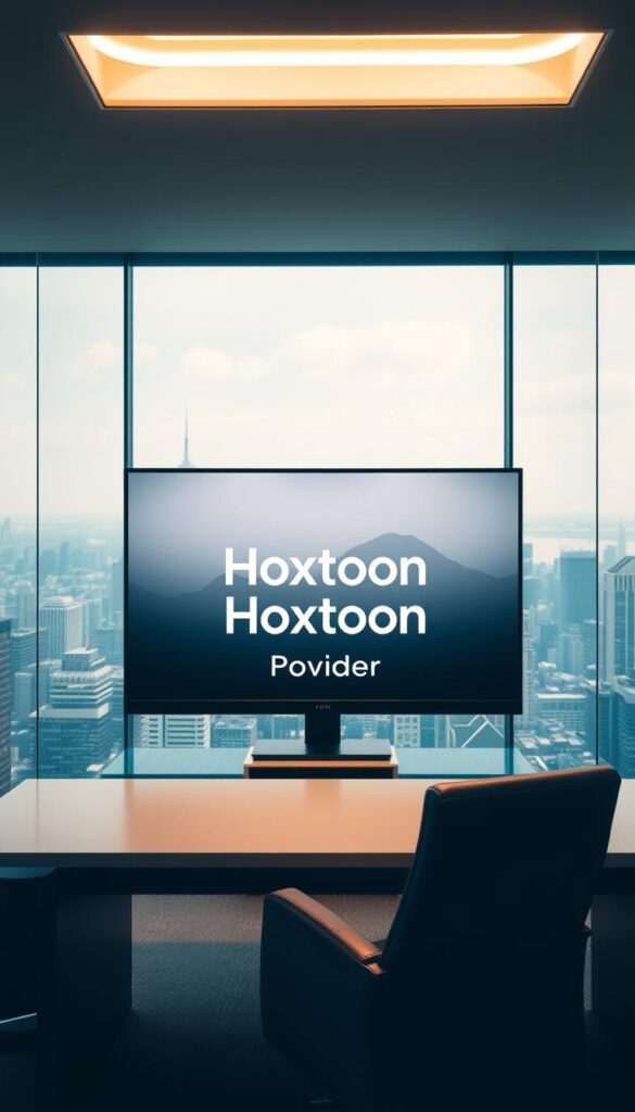 A sleek, modern office interior with a large flat-screen display prominently featuring the "Hoxtoon Provider" brand name. The display is surrounded by a minimalist, clean-lined desk and high-backed leather chair, conveying a sense of professionalism and authority. Soft, directional lighting from above casts a warm glow, creating a welcoming and inviting atmosphere. The background features a panoramic view of a bustling city skyline, hinting at the global reach and scale of the Hoxtoon IPTV service. The overall impression is one of a reliable, cutting-edge technology company poised to deliver the best IPTV experience in the UK.